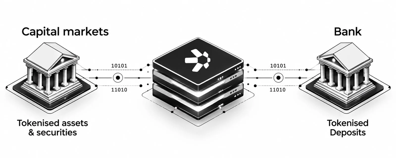 Diagram: capital markets (tokenised assets and securities) and banks (tokenised deposits) connected through a central settlement platform